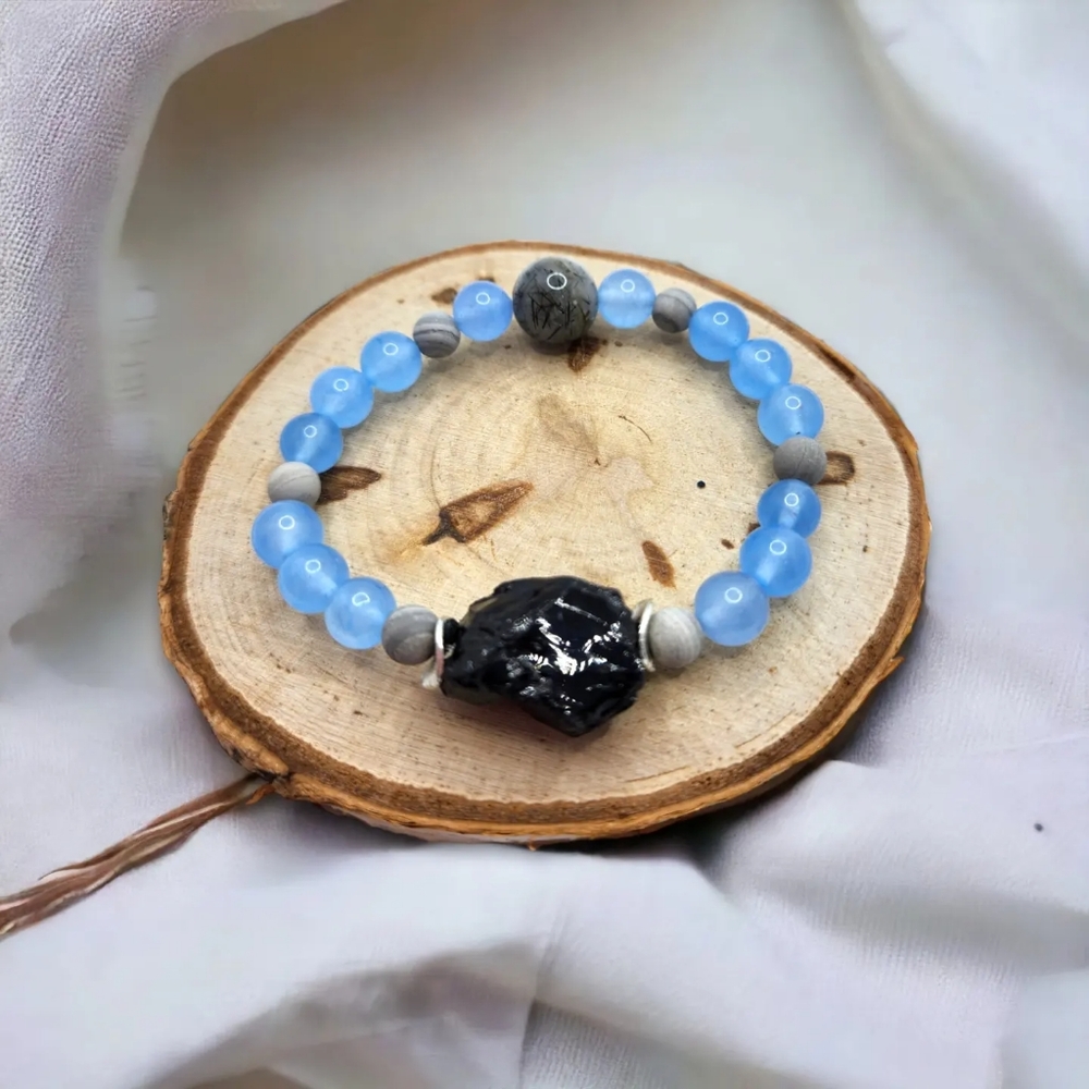 Aquamarine Quartz, Raw Black Tourmaline, Labradorite bracelet 8 mm